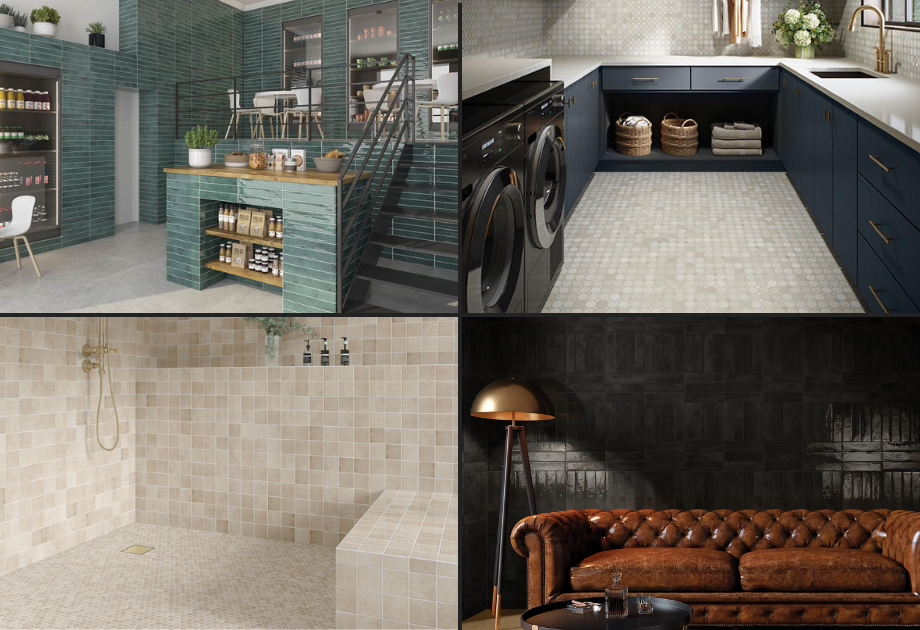Collage of interior spaces featuring decorative tile designs, including a modern green-tiled café, navy blue laundry room cabinetry, beige tiled walk-in shower, and dark moody living room with textured black tile walls.